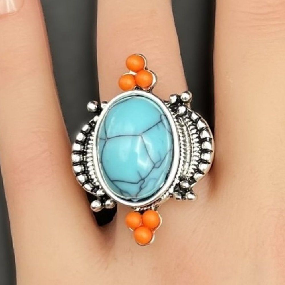 925 Sterling Silver with Turquoise and Enamel Boho Statement Ring Size 8